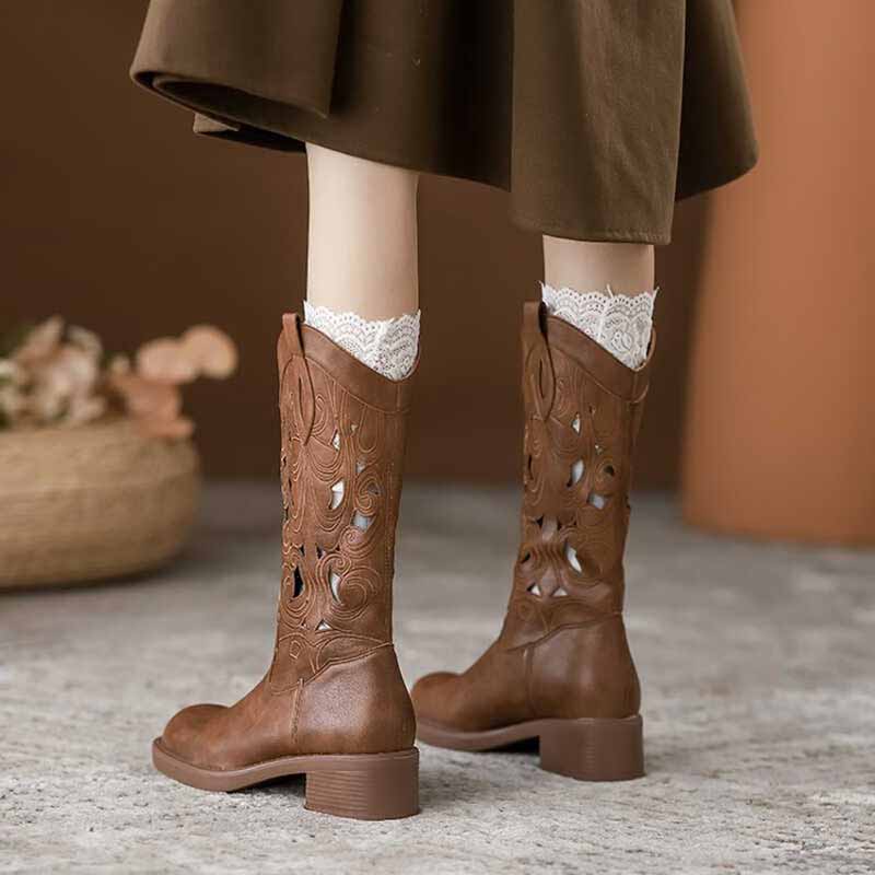 Embroidery On Leather - Sepatu Bot Koboi Cokelat Retro Elegan
