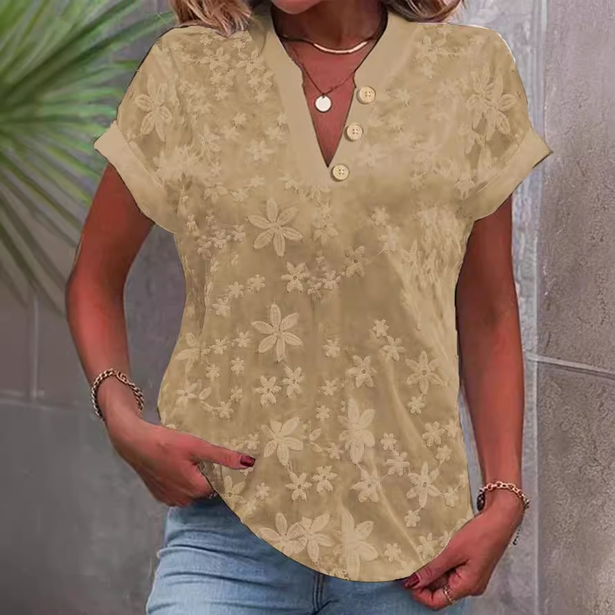 Embroidery Jersey - Blus wanita dengan bordir bunga, kerah