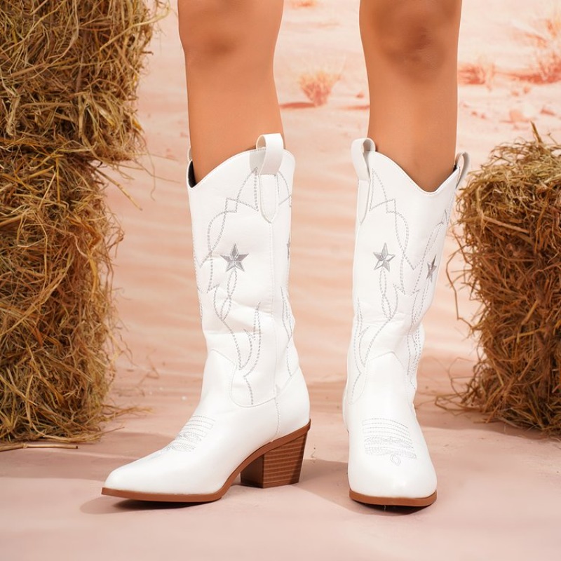 Embroidery On Leather - Sepatu Bot Wanita Setengah Betis Ujung