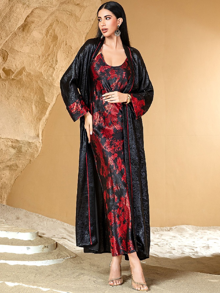 Embroidery Kebaya - Hitam Merah Terbuka Kimono Abaya Damen