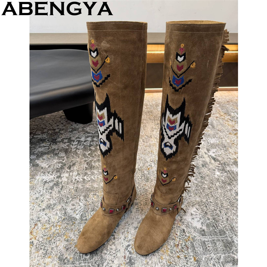 Embroidery On Leather - ABENGYA Sepatu Bot Setinggi Lutut Baru