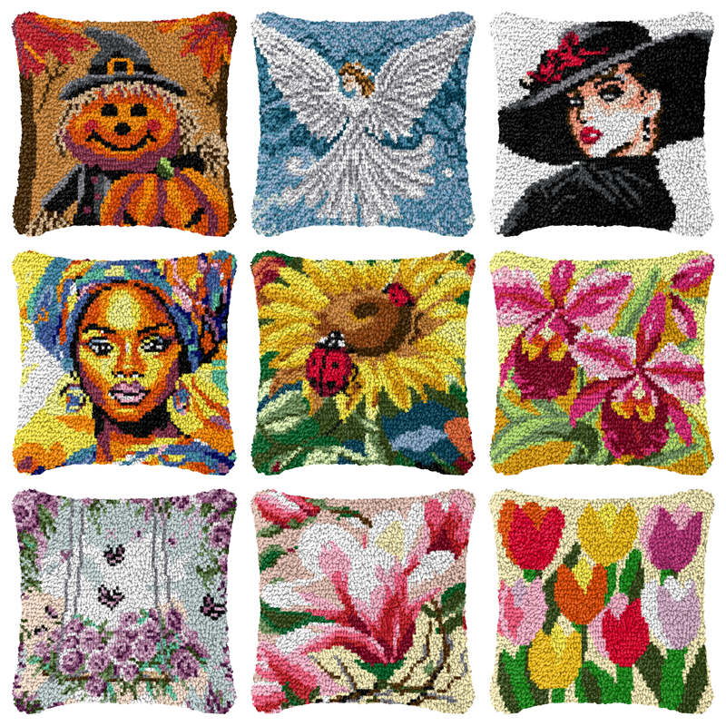 Printed Embroidery Kit - Bantal Rajut Motif Bunga Kartun Smyrna