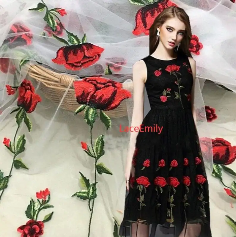 Embroidery Rose - Kain Renda Mawar Merah Bordir Bunga