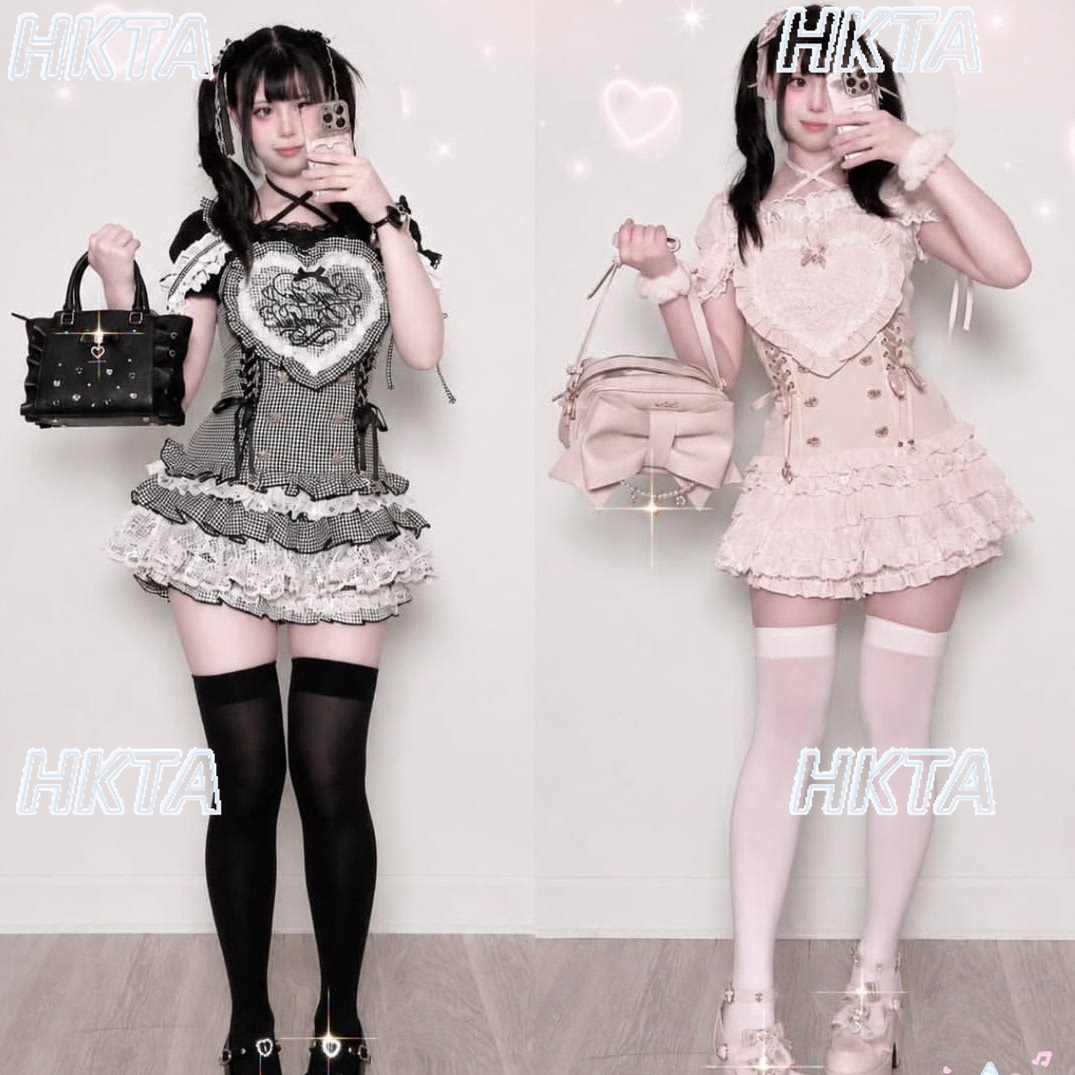 Embroidery Love - Setelan Rok Pendek Lolita Wanita Motif