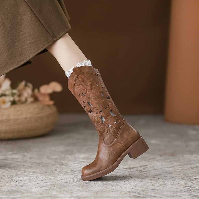 Sepatu Bot Koboi Cokelat Retro - Embroidery On Leather ulasan dan harga