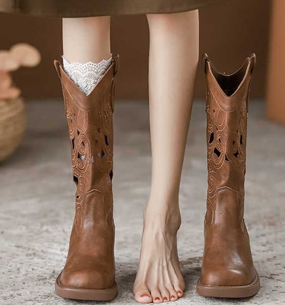 Sepatu Bot Koboi Cokelat Retro - Embroidery On Leather ulasan dan harga
