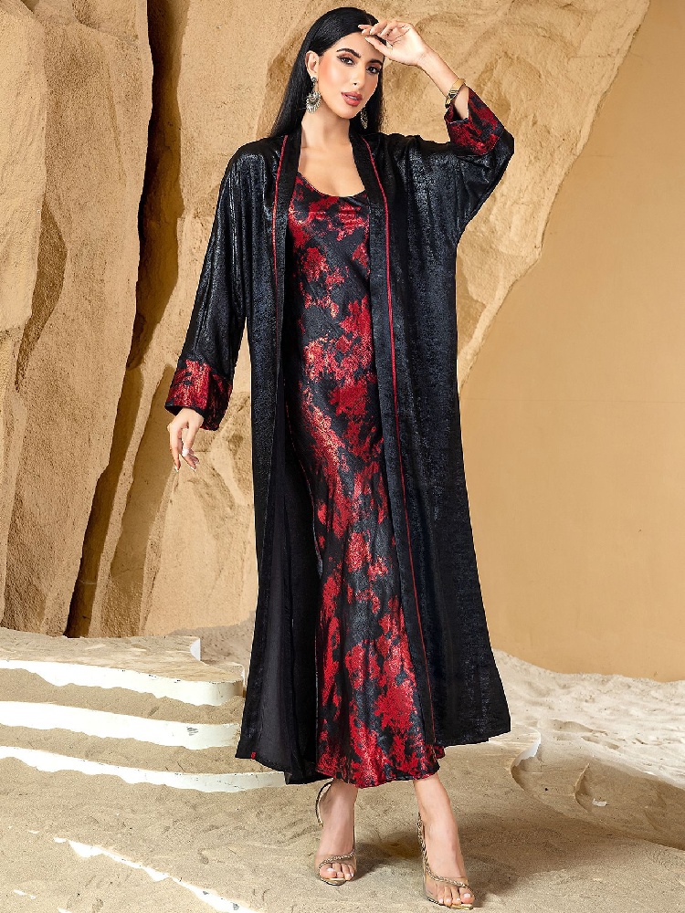 Hitam Merah Terbuka Kimono Aba - Embroidery Kebaya ulasan dan harga
